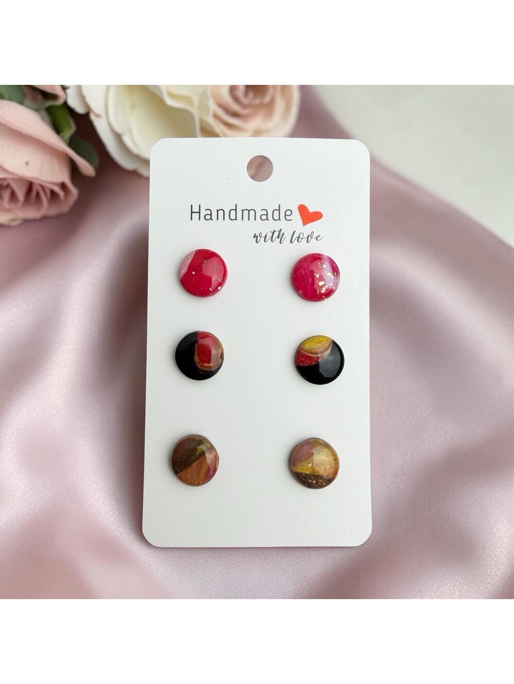 Handmade Polymer Clay Stud Earrings Set 3 Pairs Red Black Gold Marbled Statement